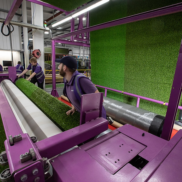 Artificial turf factory, turf manufacturing, grass production, UK